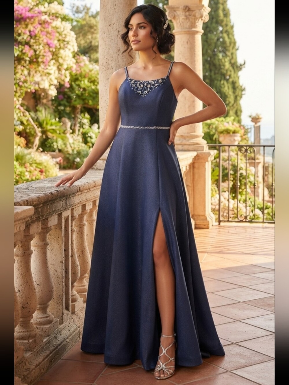 Aidan Mattox Navy Beaded A-Line Gown with Side Slit